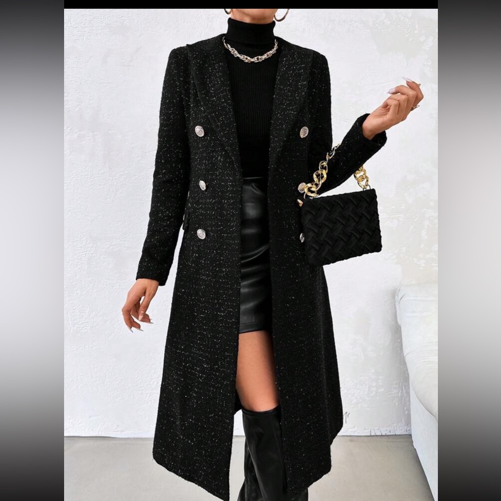 SHEIN Black Double-Breasted Trench Coat